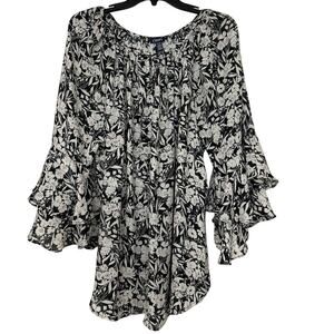 Chaps Black Pink Floral Ruffle Flare Sleeve Flowy Blouse Top 1X Feminine